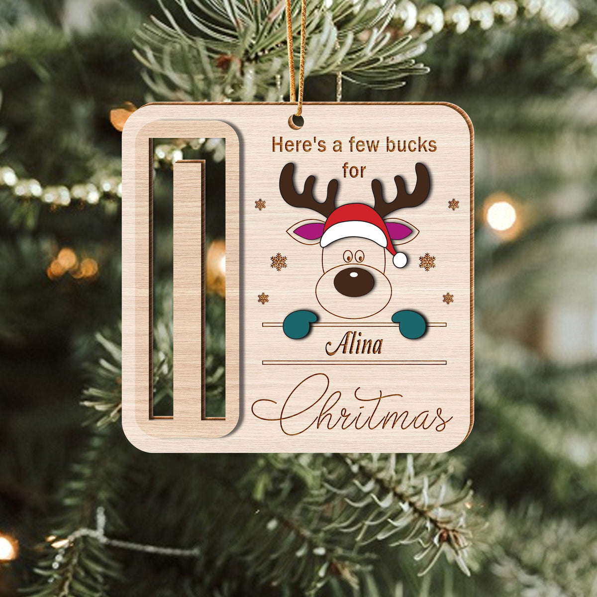 Custom Name Here's A Few Bucks For Christmas Wood Money Holder Ornament