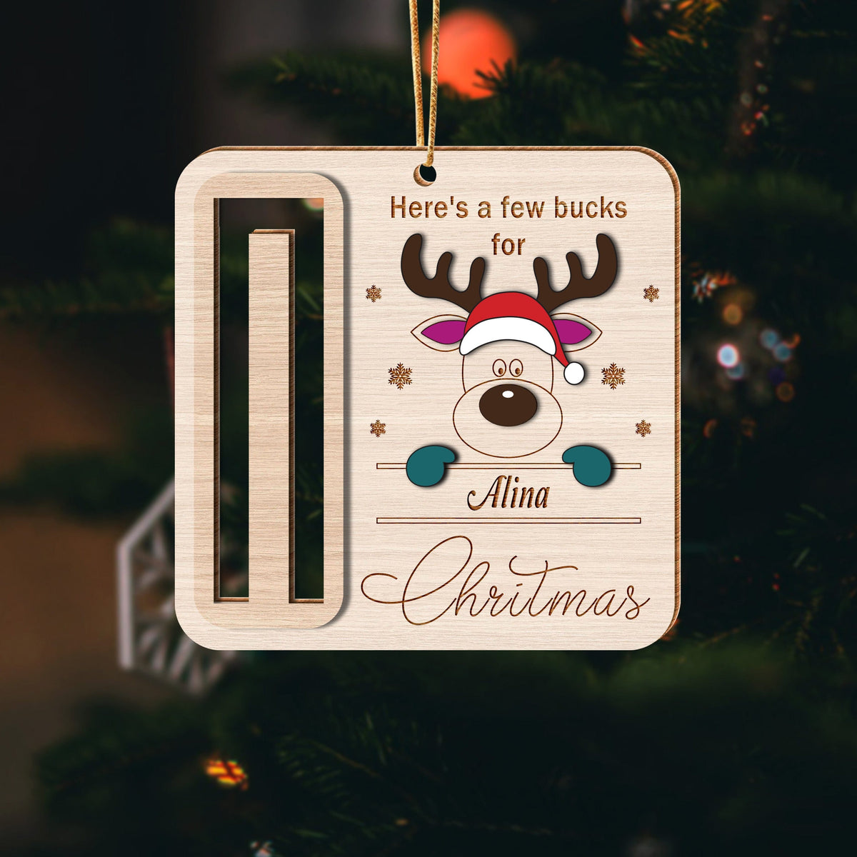 Custom Name Here's A Few Bucks For Christmas Wood Money Holder Ornament