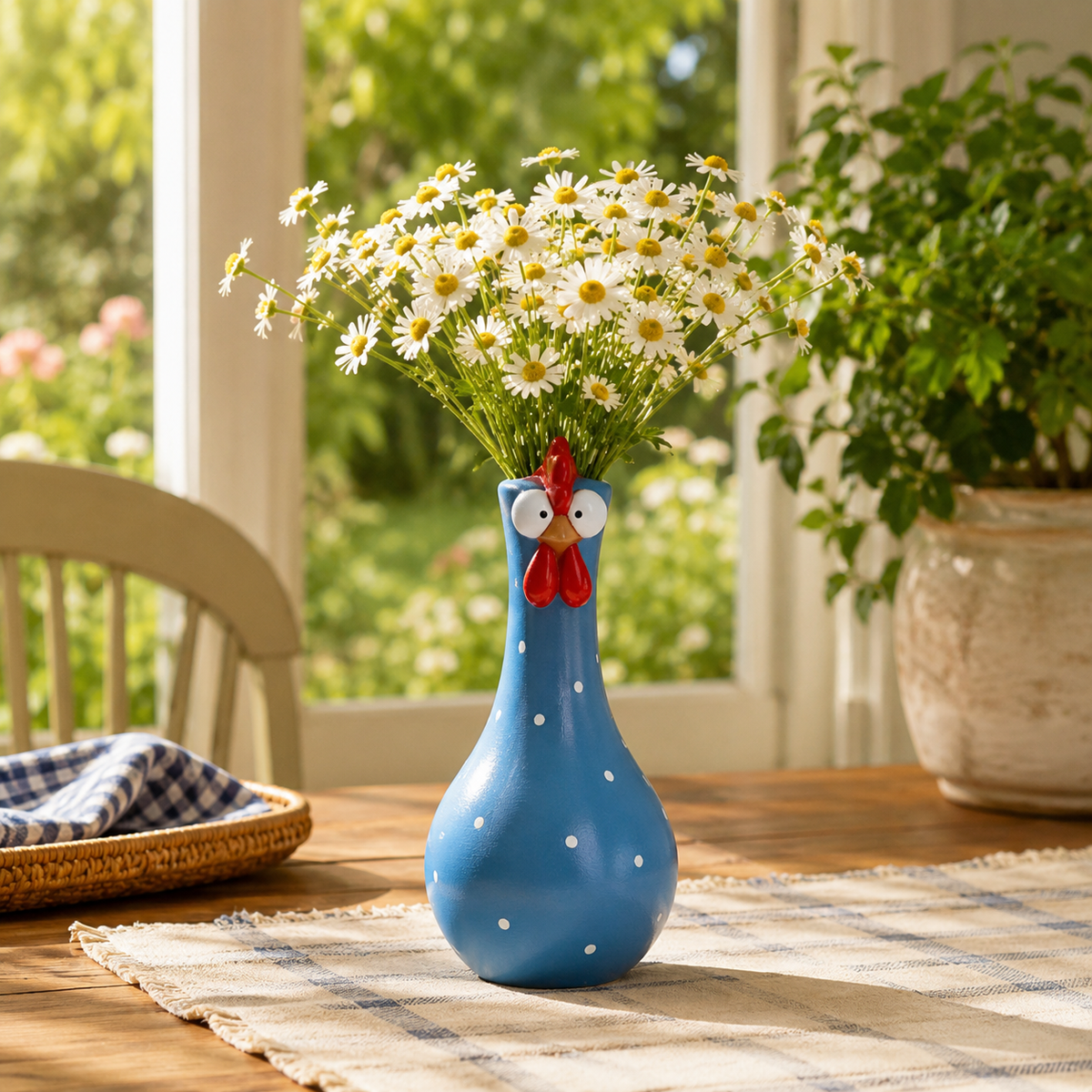 Chicken Resin Vase, Farmhouse Polka Dot Flower Holder, Farmhouse Kitchen Decor