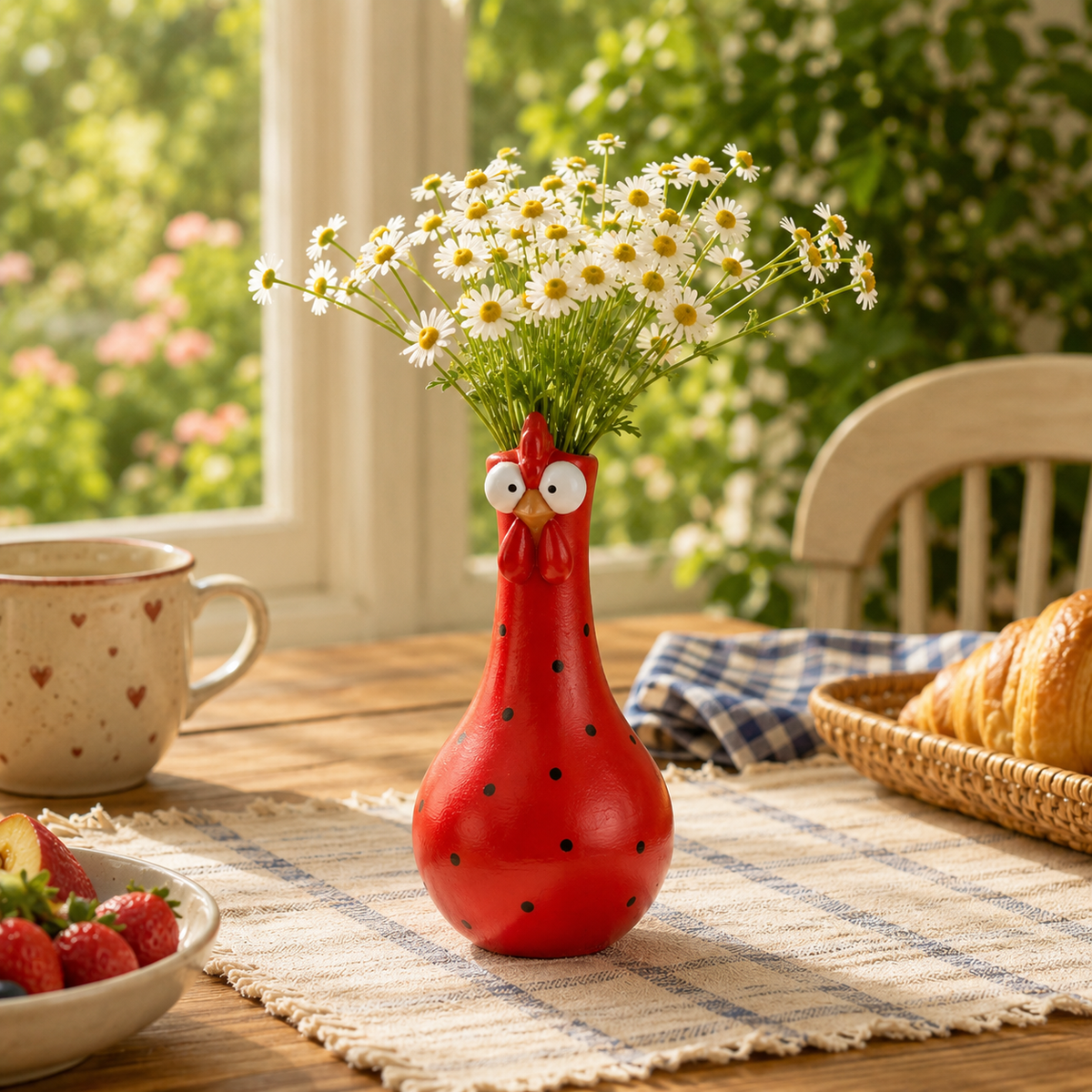 Chicken Resin Vase, Farmhouse Polka Dot Flower Holder, Farmhouse Kitchen Decor