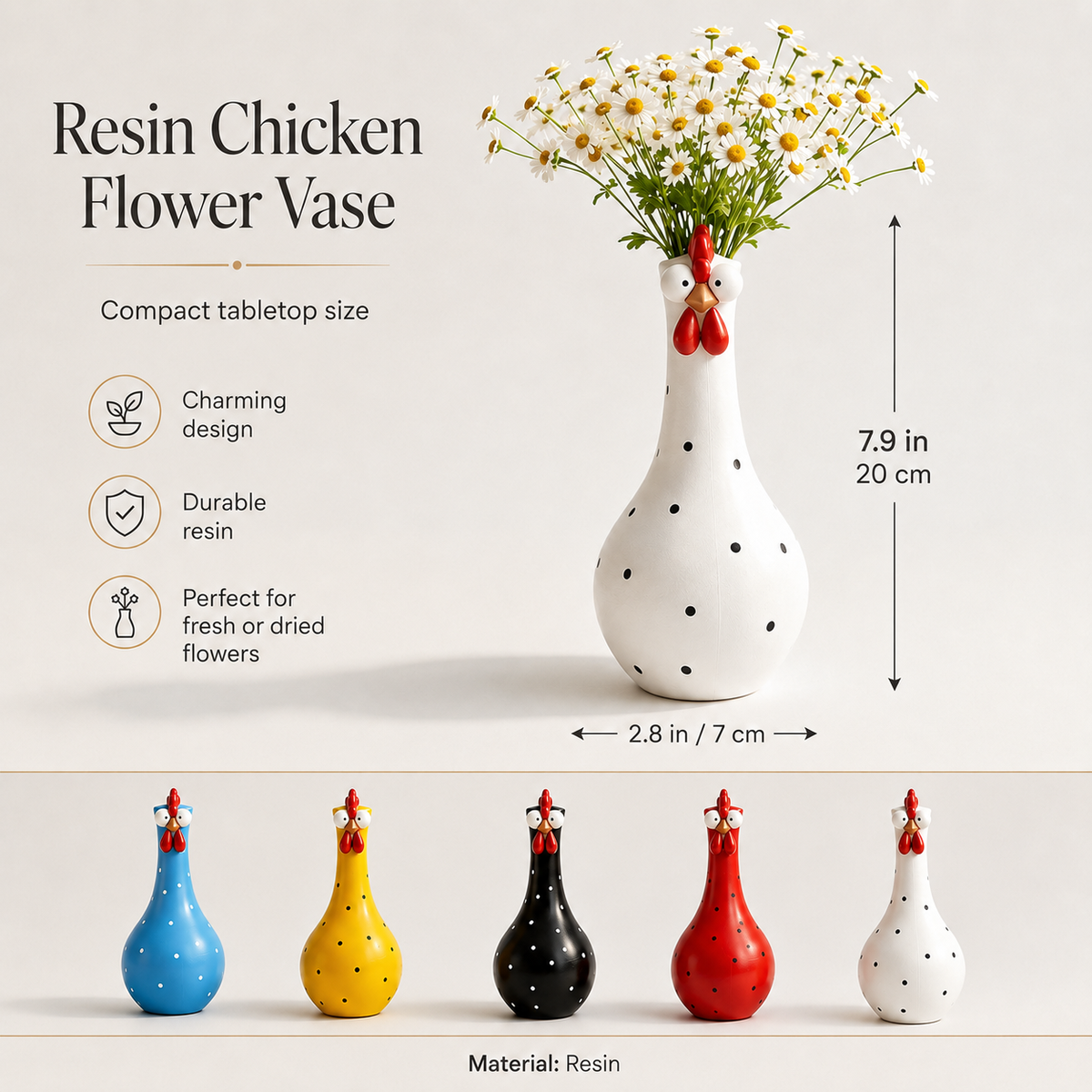Chicken Resin Vase, Farmhouse Polka Dot Flower Holder, Farmhouse Kitchen Decor