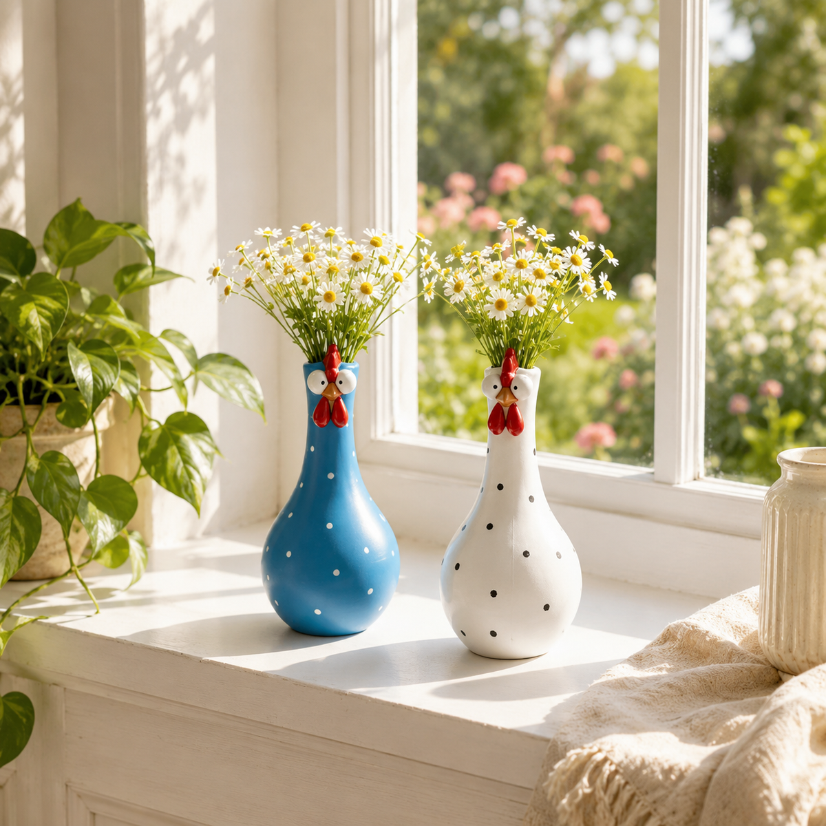 Chicken Resin Vase, Farmhouse Polka Dot Flower Holder, Farmhouse Kitchen Decor