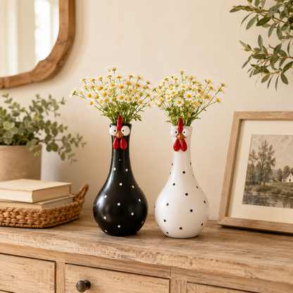 Chicken Resin Vase, Farmhouse Polka Dot Flower Holder, Farmhouse Kitchen Decor