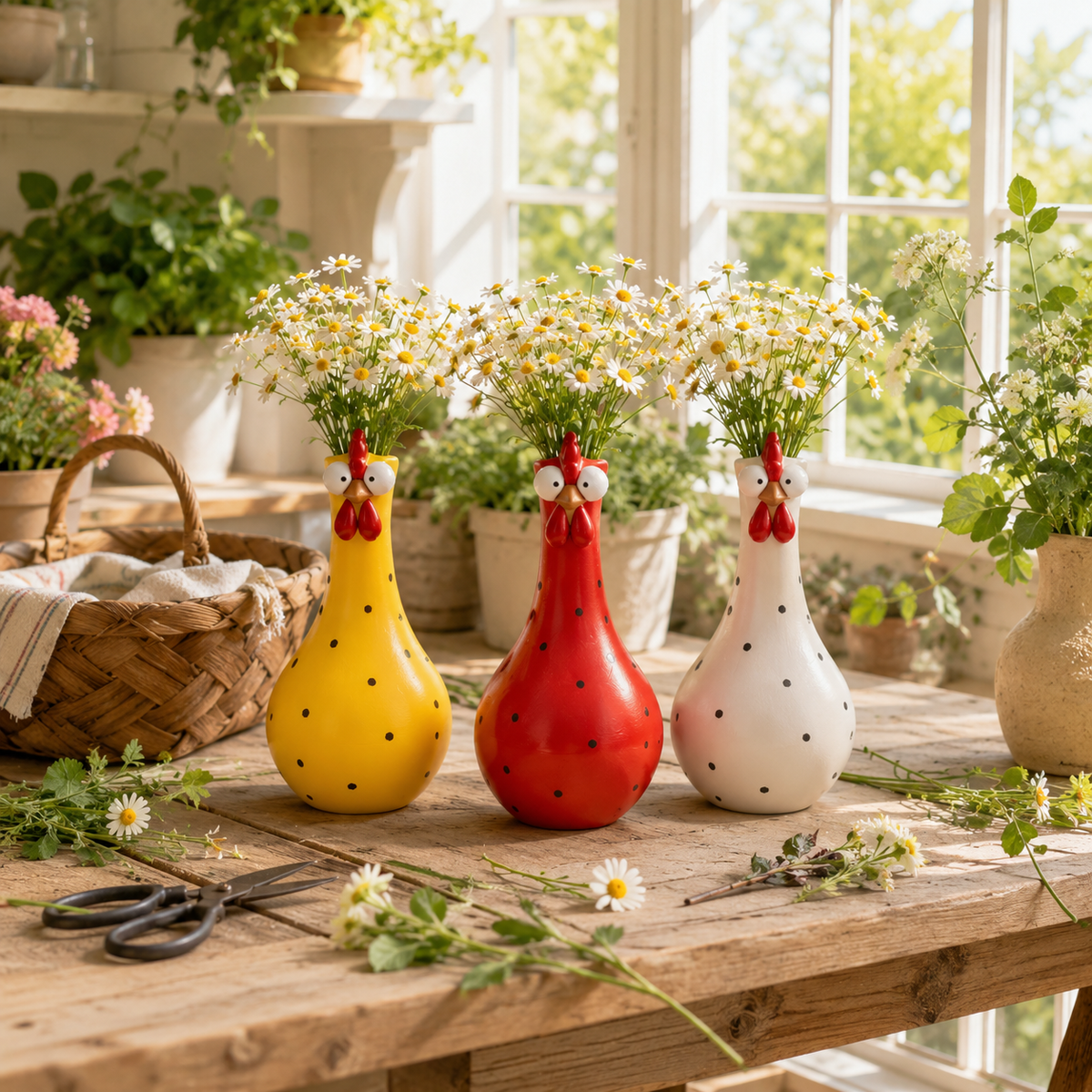 Chicken Resin Vase, Farmhouse Polka Dot Flower Holder, Farmhouse Kitchen Decor