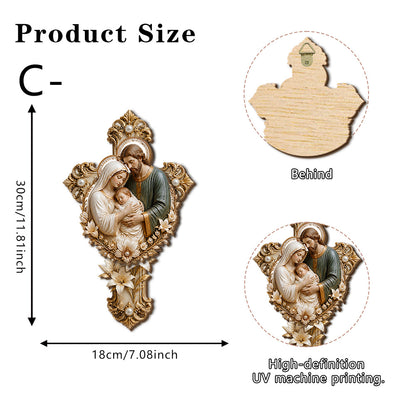 Holy Family Wooden Cross Wall Hanging ✝️ Catholic Religious Home Decor Gif