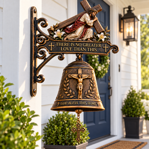 Jesus Cross Christian Hanging Bell – “God Bless This Home” Rustic Faith-Inspired Door & Porch Decor