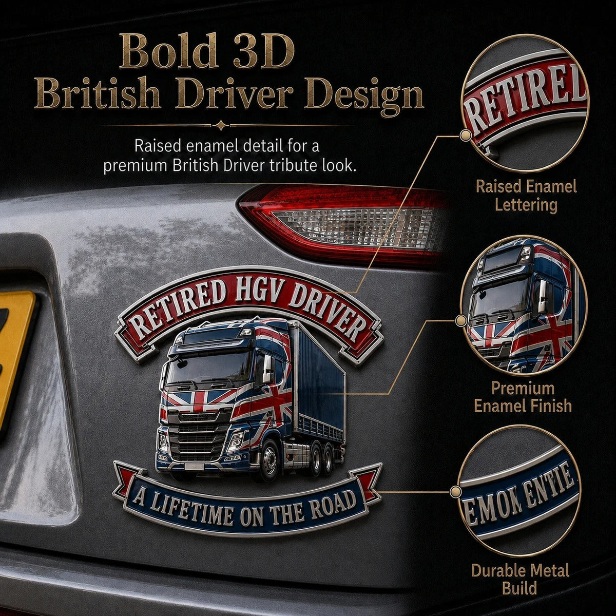 👑🚚Retired HGV Driver “A Lifetime on the Road” Tribute Metal Car Emblem