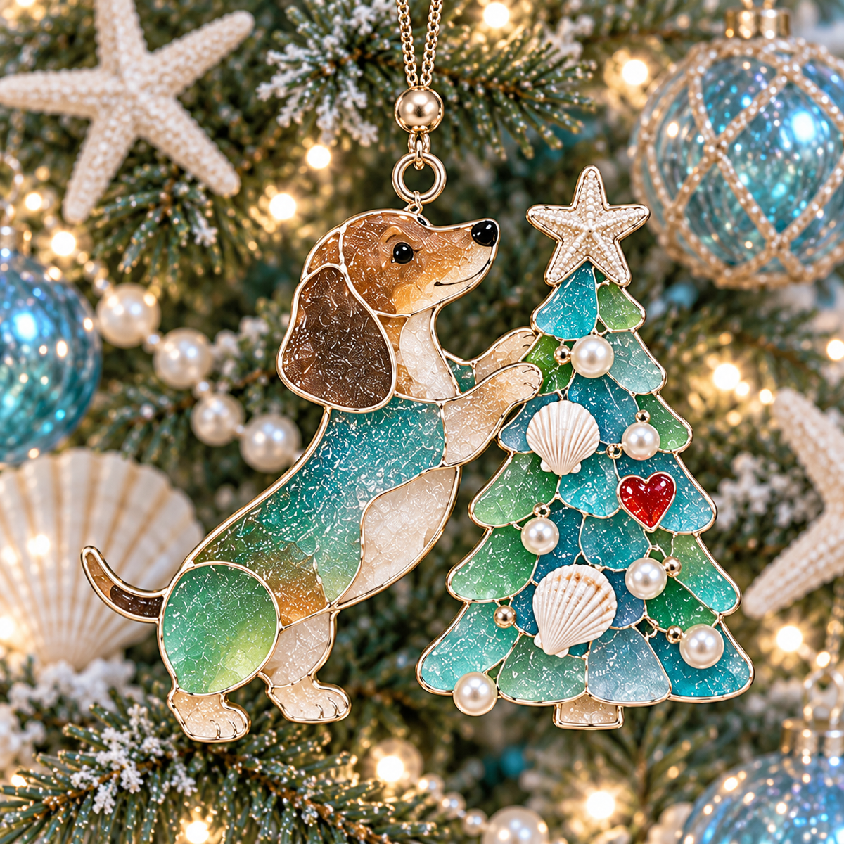 Coastal Dachshund Sea Glass Ornament