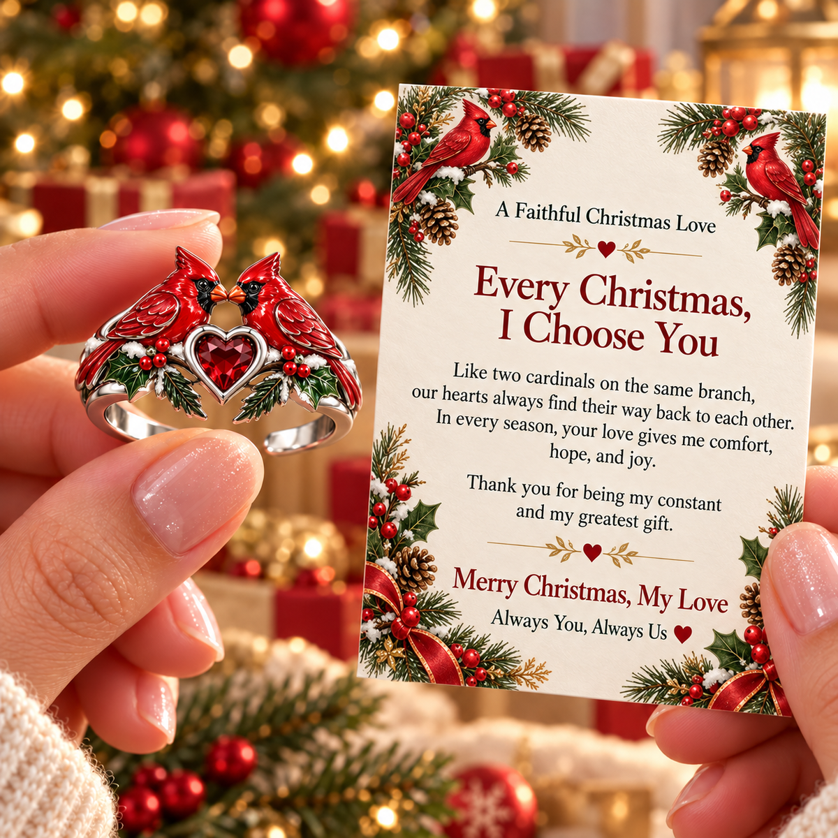 🐦 Cardinal Couple Christmas Ring with Message Card