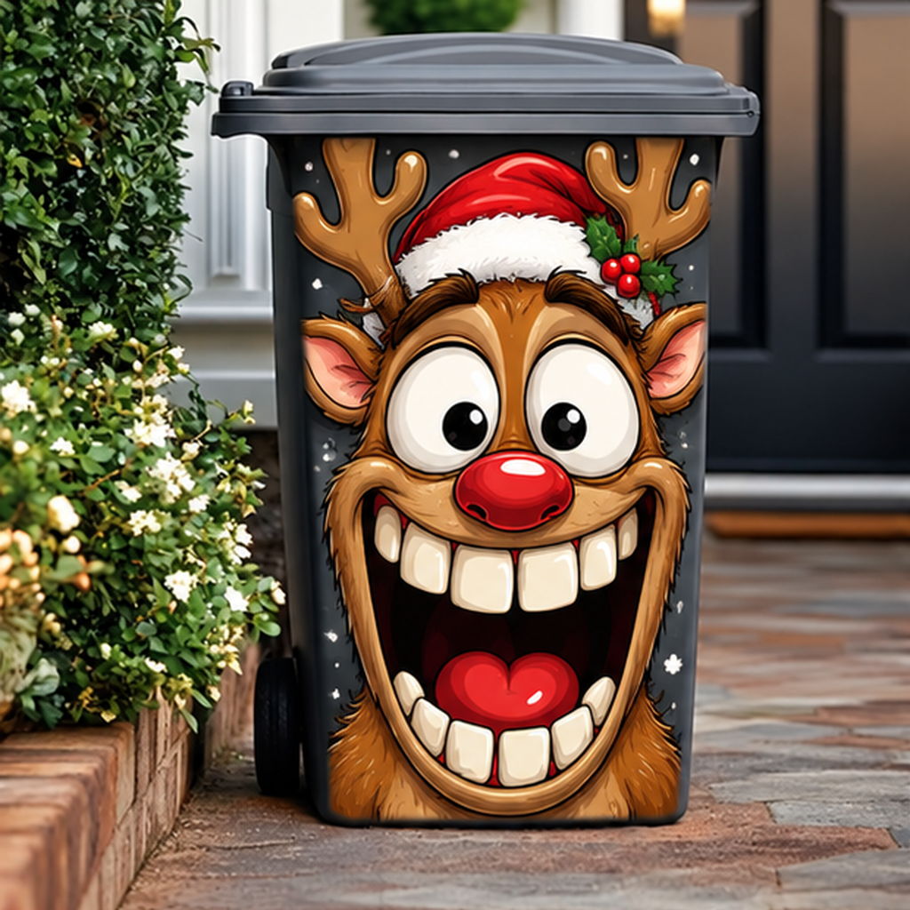 🎄 Funny Christmas Trash Can Decals – Hilarious Holiday Character Stickers for Outdoor Bins
