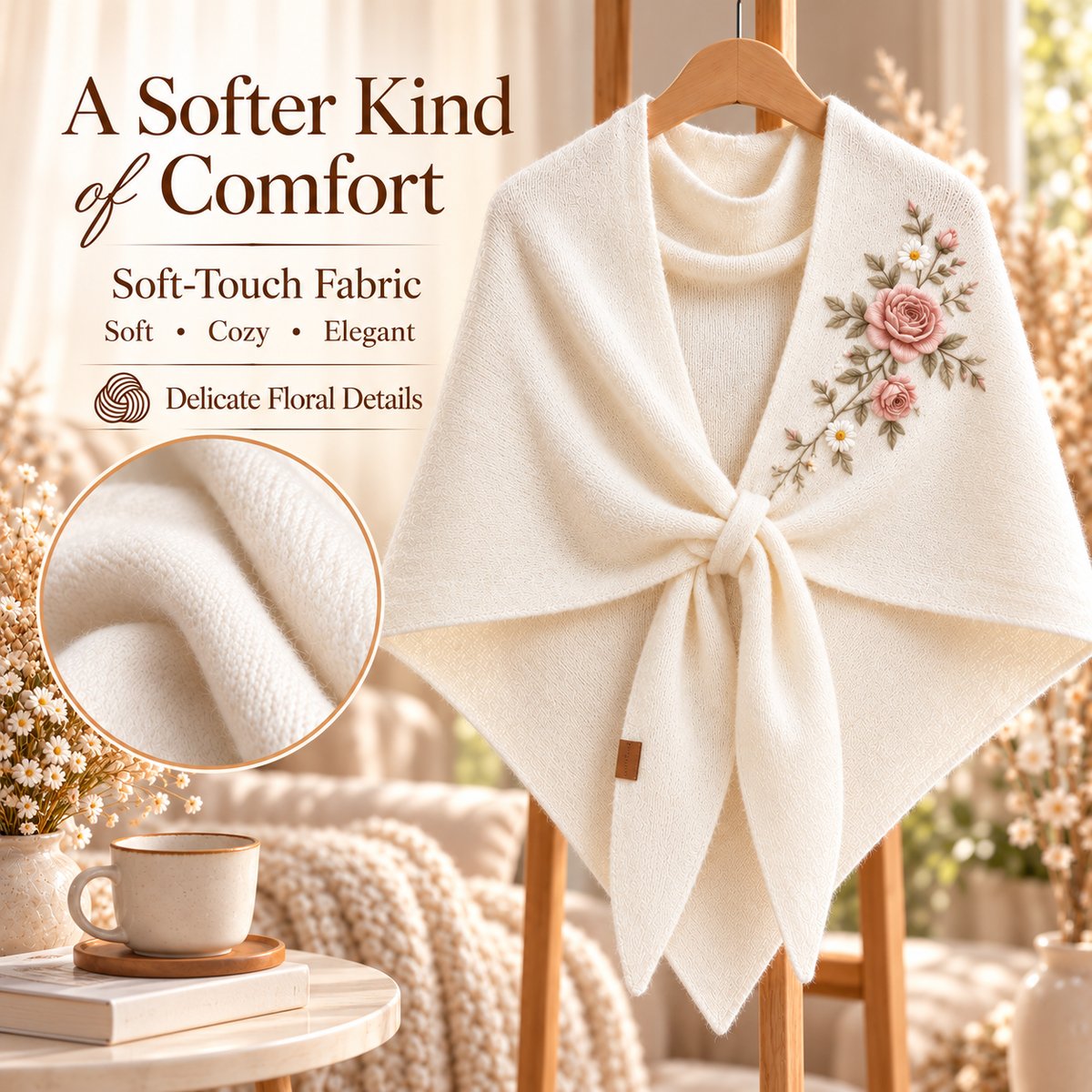 🌸 Elegant Floral Shawl – Ivory Shoulder Wrap with Front Loop