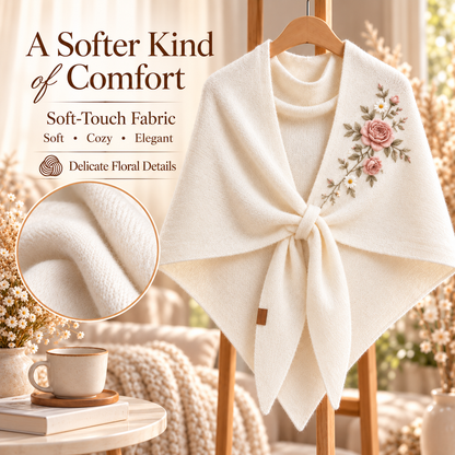 🌸 Elegant Floral Shawl – Ivory Shoulder Wrap with Front Loop