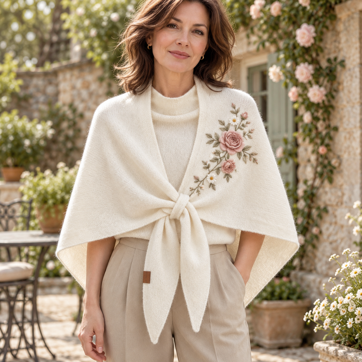 🌸 Elegant Floral Shawl – Ivory Shoulder Wrap with Front Loop