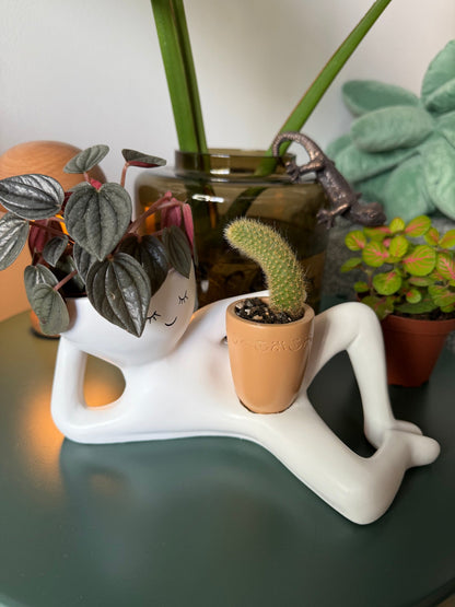 Lazy Guy Planter – Funny Reclining Face Succulent Pot with Mini Planter for Home & Desk Decor