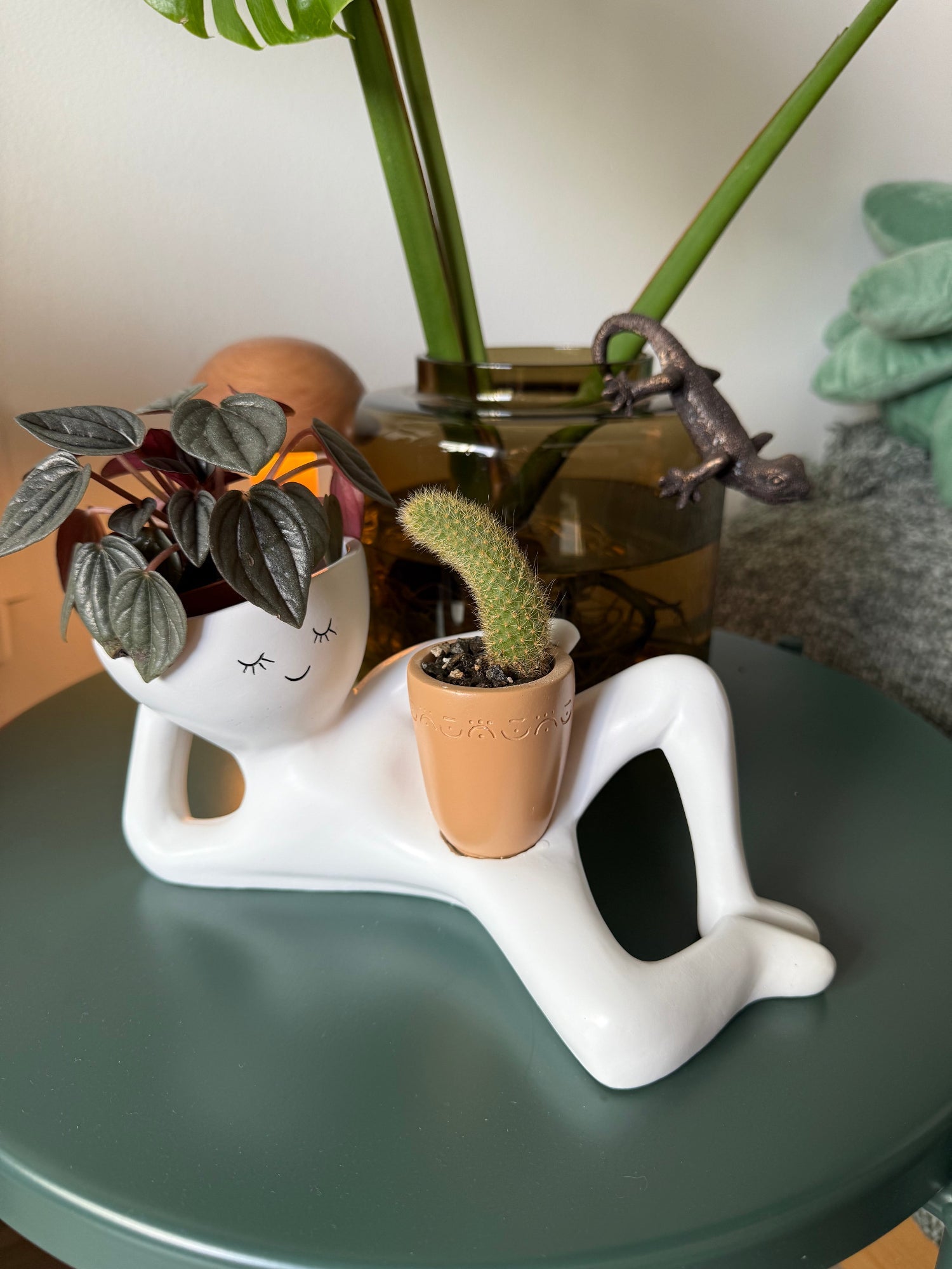 Lazy Guy planter displayed among houseplants on a side table