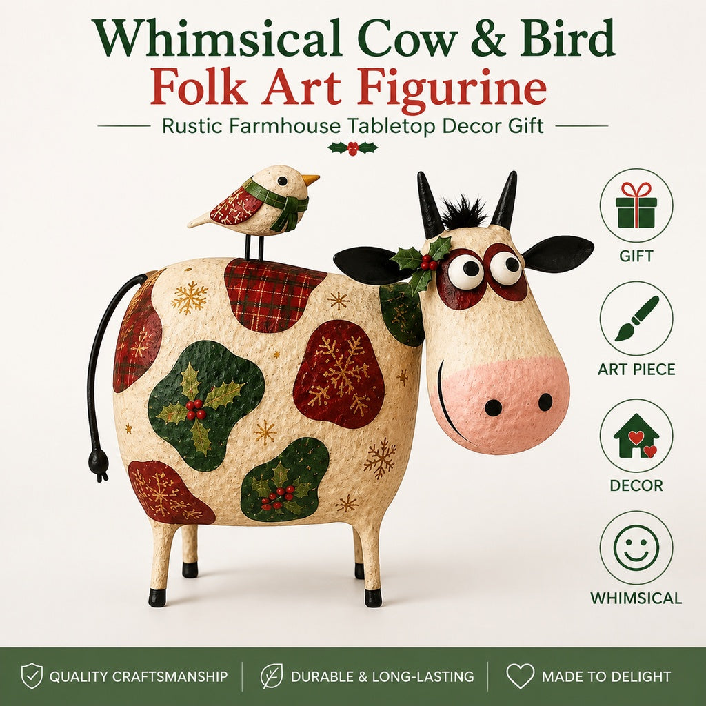 Whimsical Cow & Bird Folk Art Figurine – Rustic Farmhouse Tabletop Decor Gift