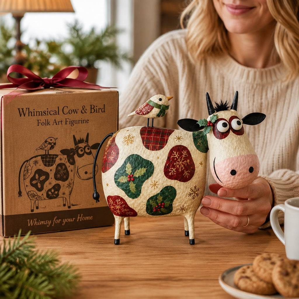 Whimsical Cow & Bird Folk Art Figurine – Rustic Farmhouse Tabletop Decor Gift