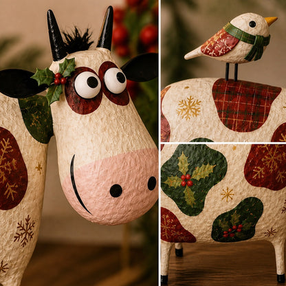 Whimsical Cow & Bird Folk Art Figurine – Rustic Farmhouse Tabletop Decor Gift