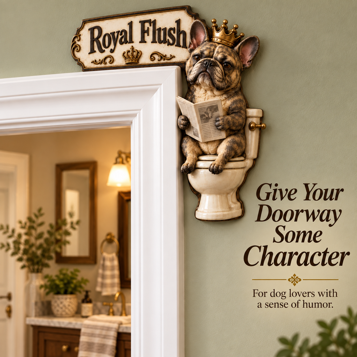 👑 "The Royal Flush" Frenchie Door Frame Decor | Hilarious Bathroom Wall Art 🐶🚽