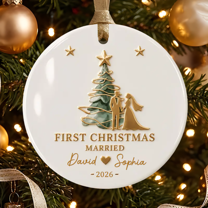 Personalized First Christmas Married Ceramic Ornament - Custom Couple Names & Year Christmas Tree Keepsake Gift