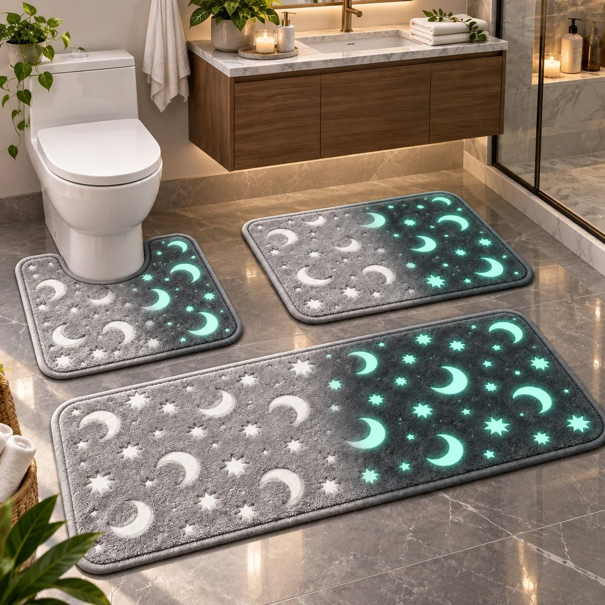 Glow-in-the-Dark Bathroom Set (featuring moon and star motifs) — 3-Piece Plush Collection