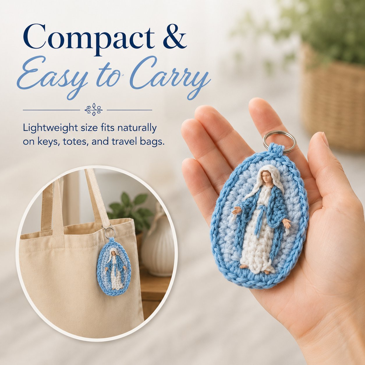 🙏 Handmade Marian Crochet Keychain Keepsake | Soft Blue-and-White Yarn, Raised Oval Crochet Frame & Metal Split Ring 💙✨