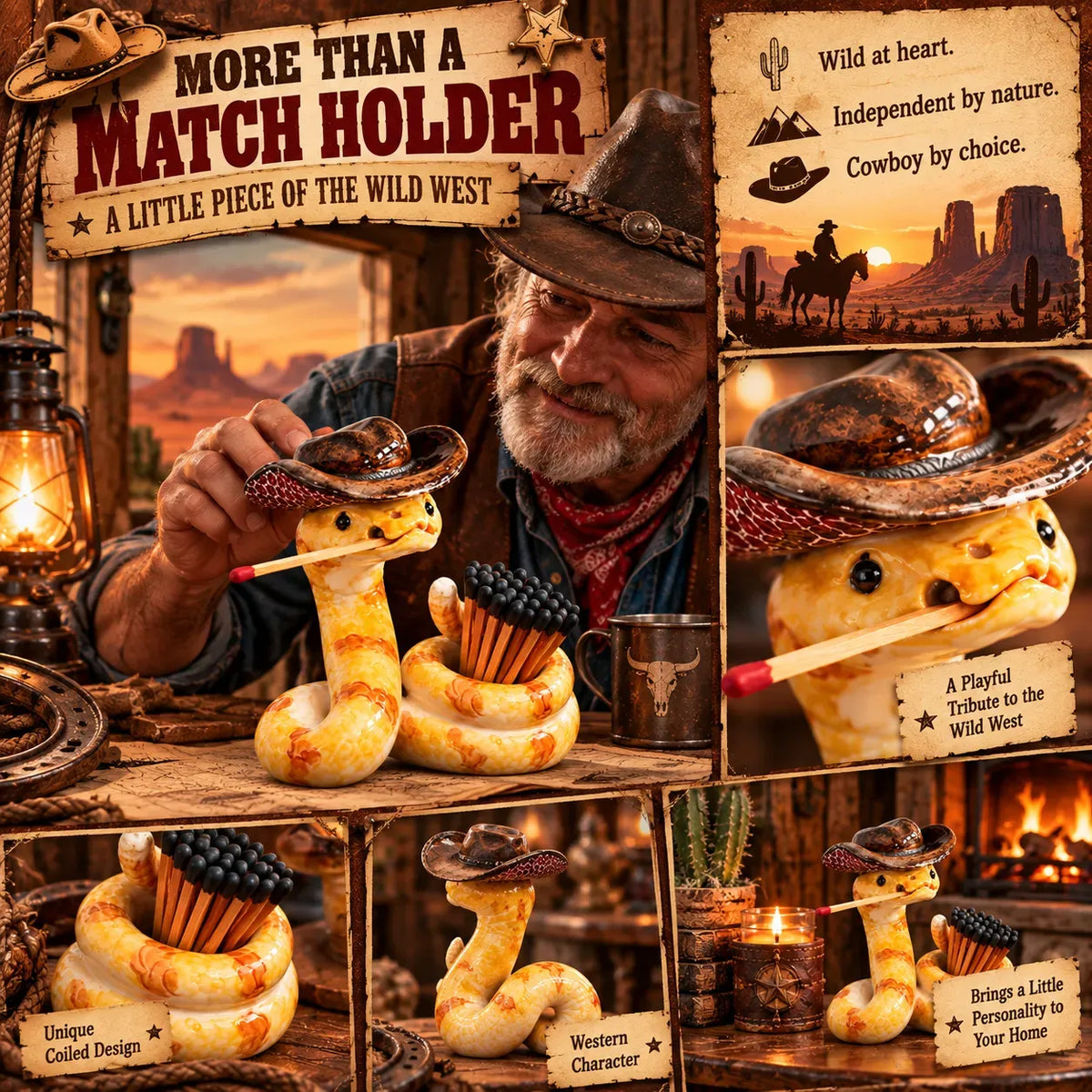 ⏳ Last Day 49% OFF – 🤠 The Cowboy RattlerTM Match Holder | Funny Western Snake Décor for Cabins, Mantels & Bars 🐍