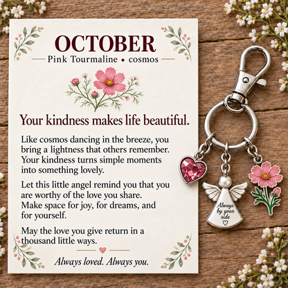 ⏳ Last Day 50% OFF —👼 Always By Your Side: Birth Month Angel & Flower Keychain + Keepsake Card 🌸