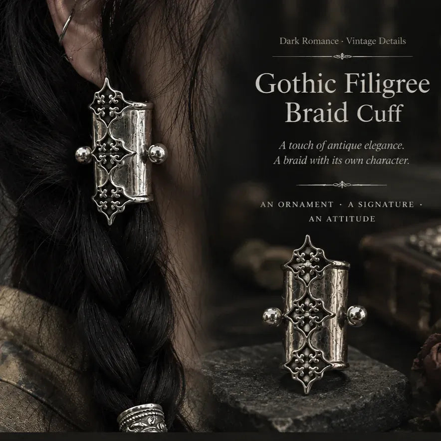 🖤2Pcs Gothic Filigree Hair Cuff for Braids, Vintage Antique Silver Medieval Hair Ring, Dark Romantic Hair Jewelry Accent