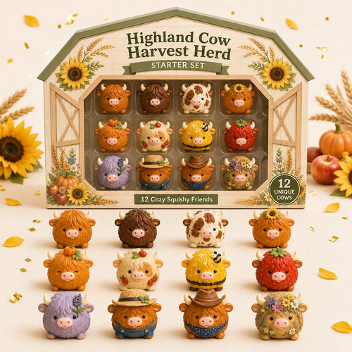 🐮 Highland Cow Squishy Collection | 12-Piece Harvest Herd or 24-Piece Holiday Collector’s Edition with Unique Characters & Secret Cow ✨