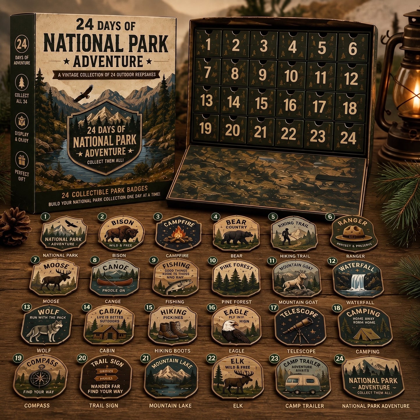 National Park Adventure Advent Calendar 🦅 24 Vintage Collectible Badges Christmas Countdown Gift for Outdoor Lovers