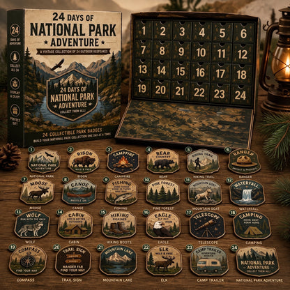 National Park Adventure Advent Calendar 🦅 24 Vintage Collectible Badges Christmas Countdown Gift for Outdoor Lovers
