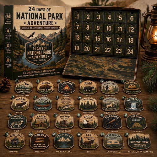 National Park Adventure Advent Calendar 🦅 24 Vintage Collectible Badges Christmas Countdown Gift for Outdoor Lovers