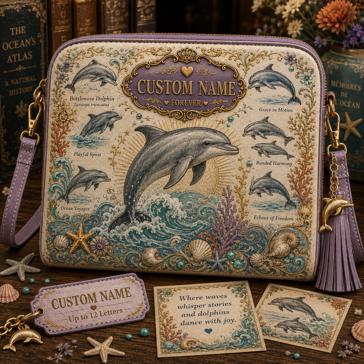 Personalized Vintage Ocean Crossbody Bag | Custom Name & Marine Charm Purse