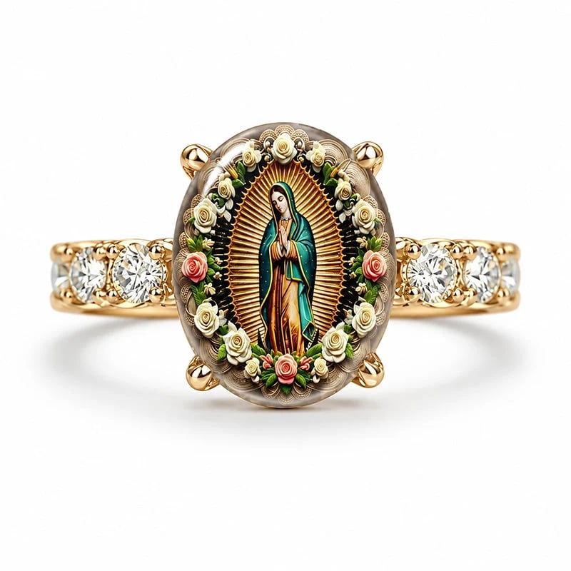 Vintage floral oval print ring featuring the Virgin Mary