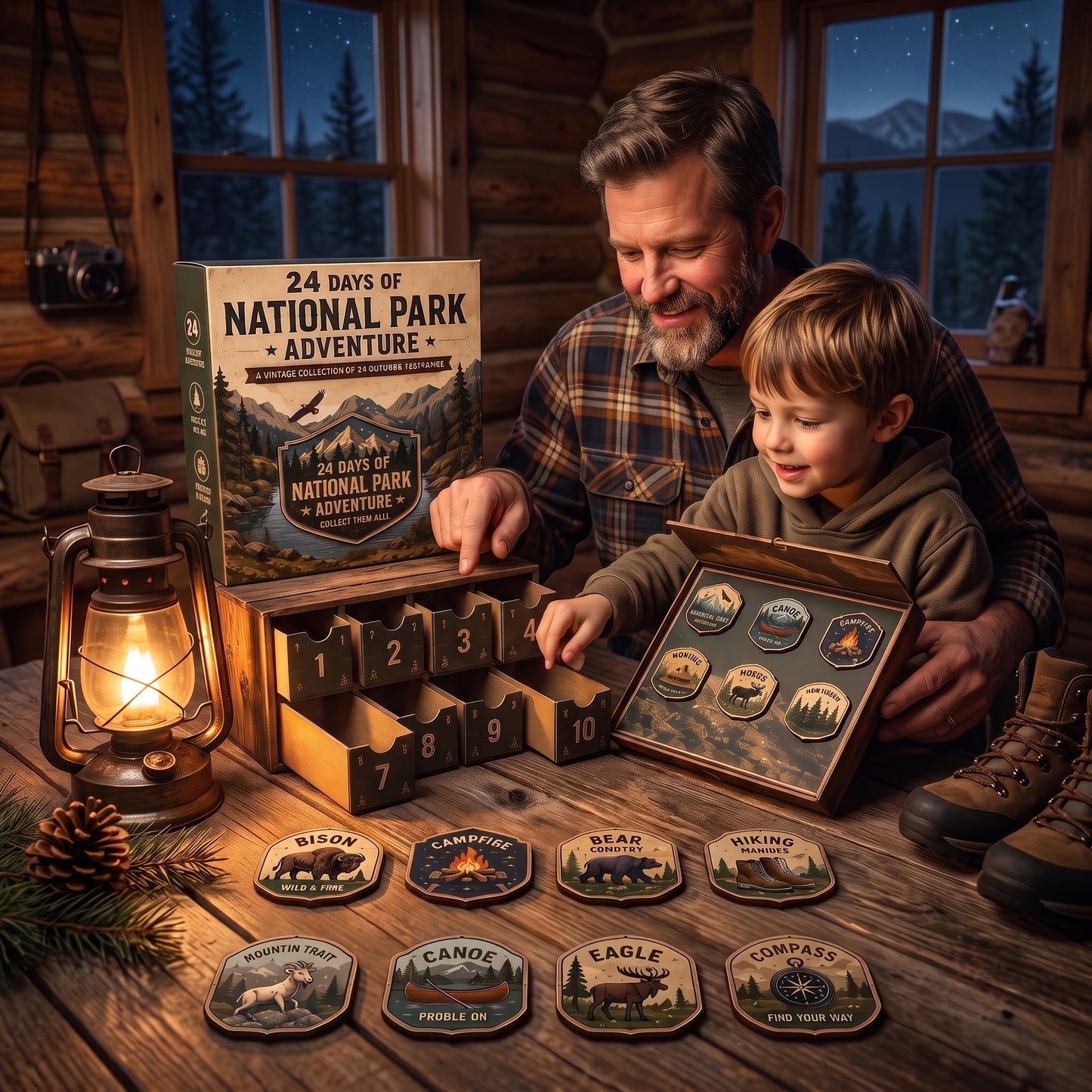 National Park Adventure Advent Calendar 🦅 24 Vintage Collectible Badges Christmas Countdown Gift for Outdoor Lovers