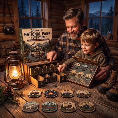 National Park Adventure Advent Calendar 🦅 24 Vintage Collectible Badges Christmas Countdown Gift for Outdoor Lovers