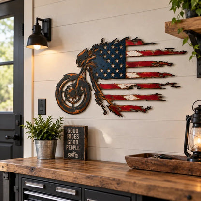 Patriotic Motorcycle American Flag Metal Wall Art