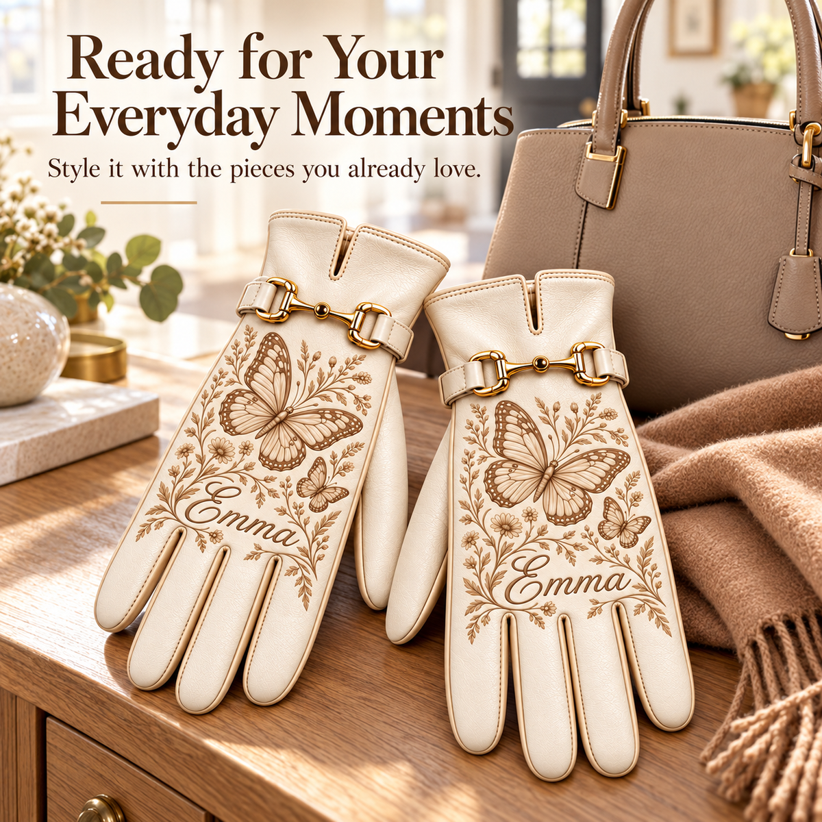 ✨ Personalized Elegance: Custom Engraved Leather Gloves with Gold Accent ✨