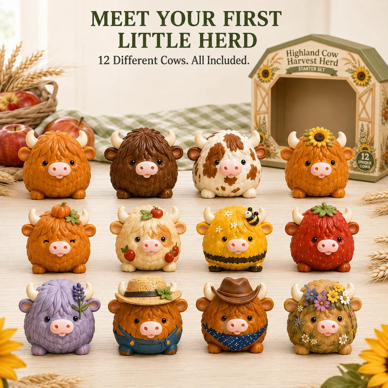 🐮 Highland Cow Squishy Collection | 12-Piece Harvest Herd or 24-Piece Holiday Collector’s Edition with Unique Characters & Secret Cow ✨
