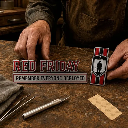 RED Friday 3-Piece 3D Metal Car Emblem Set – Remember Everyone Deployed Military Tribute Badges