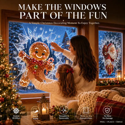 🎄Crystal Christmas Break-In Window Decal | Shattered Glass Illusion with Sparkling Holiday Characters for Magical Window Decorations ✨🎅