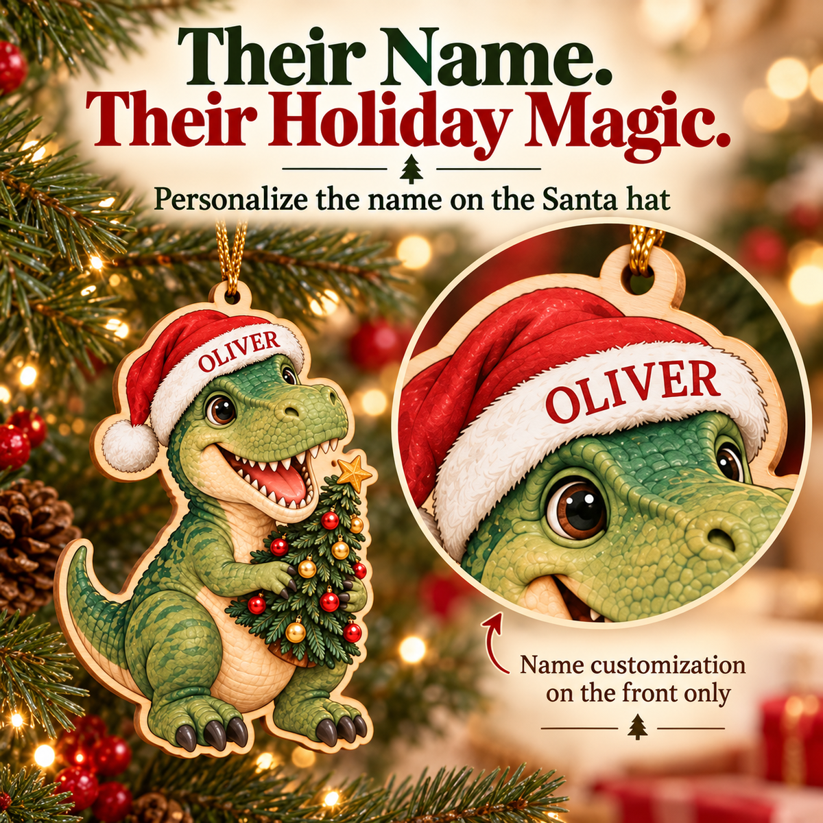 🔥Last Day 50% OFF -🦖 Personalized Dinosaur Christmas Ornament | Custom Name Wood Keepsake with Dino Facts & Wishes 🎄