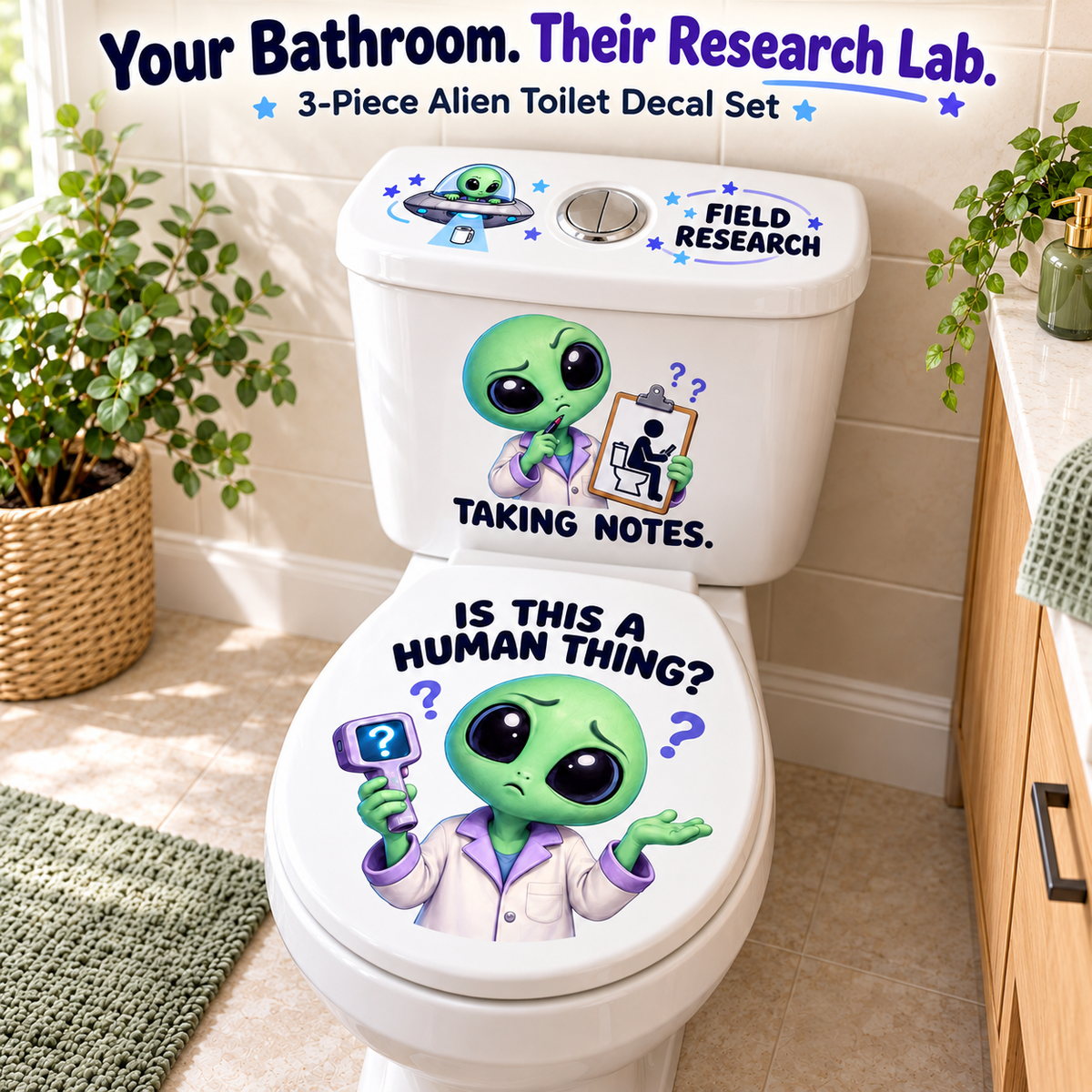 👽 “Is This a Human Thing?” 3-Piece Alien Toilet Decal Set