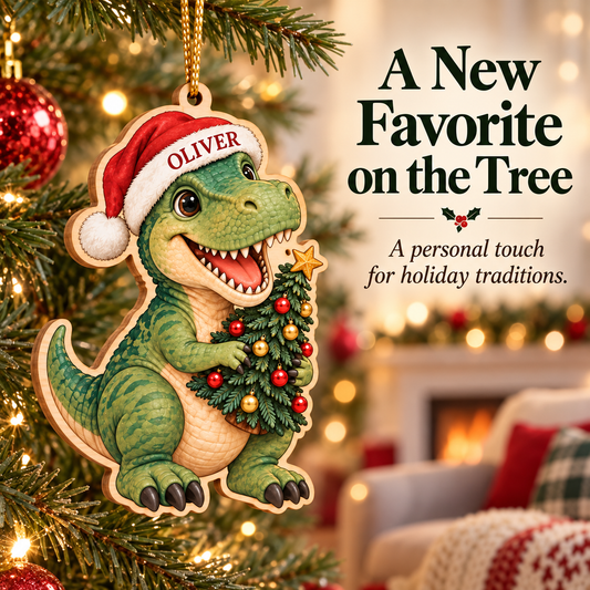 🔥Last Day 50% OFF -🦖 Personalized Dinosaur Christmas Ornament | Custom Name Wood Keepsake with Dino Facts & Wishes 🎄