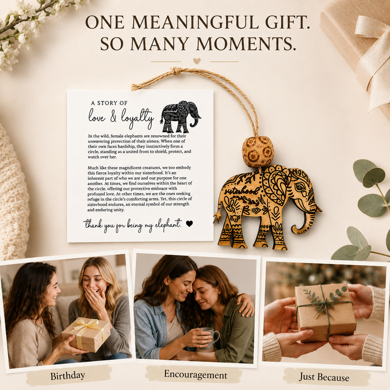 "Thank You For Being My Elephant" 🐘 Sisterhood Wooden Ornament & Story Card Gift Set