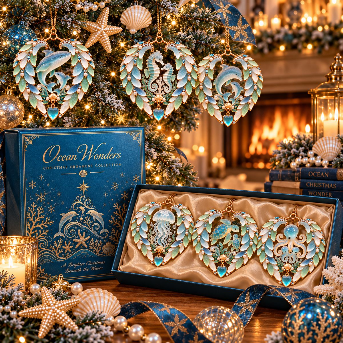 2026 Ocean Wonders Christmas Ornaments – 6-Piece Coastal Sea Life Heart Ornament Collection | Unique Christmas Tree Decorations & Gifts for Ocean Lovers