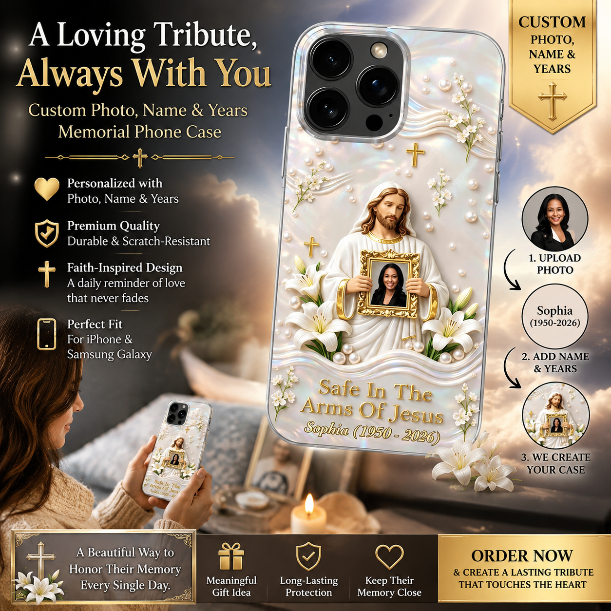 Safe in the Arms of Jesus" Personalized Memorial iPhone Case 🕊️🤍 | Custom Photo Keepsake