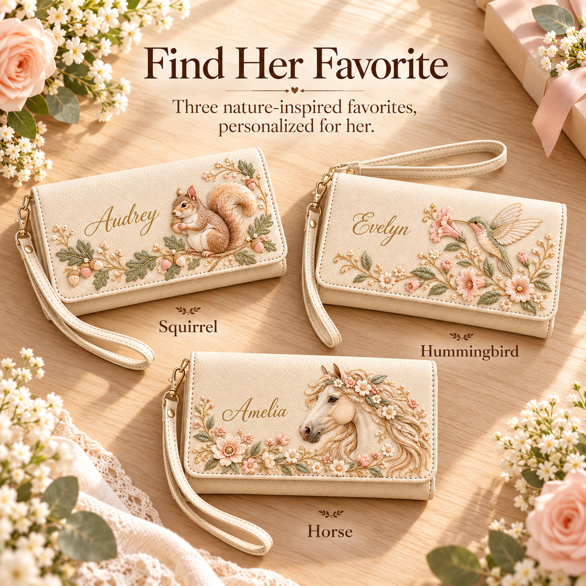 ✨ Custom Name "Flora & Fauna"  Embossed Wristlet Wallet | Personalized Everyday Purse
