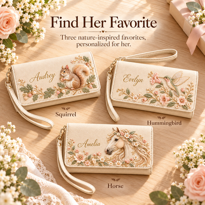 ✨ Custom Name "Flora & Fauna"  Embossed Wristlet Wallet | Personalized Everyday Purse
